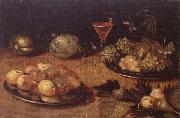 unknow artist Still life of Grapes and apples on pewter plates,figs,melons and a wine glass oil on canvas